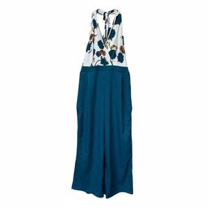 Teal Floral Wide Leg Jumpsuit Halter Boho Resort Handmade Medium